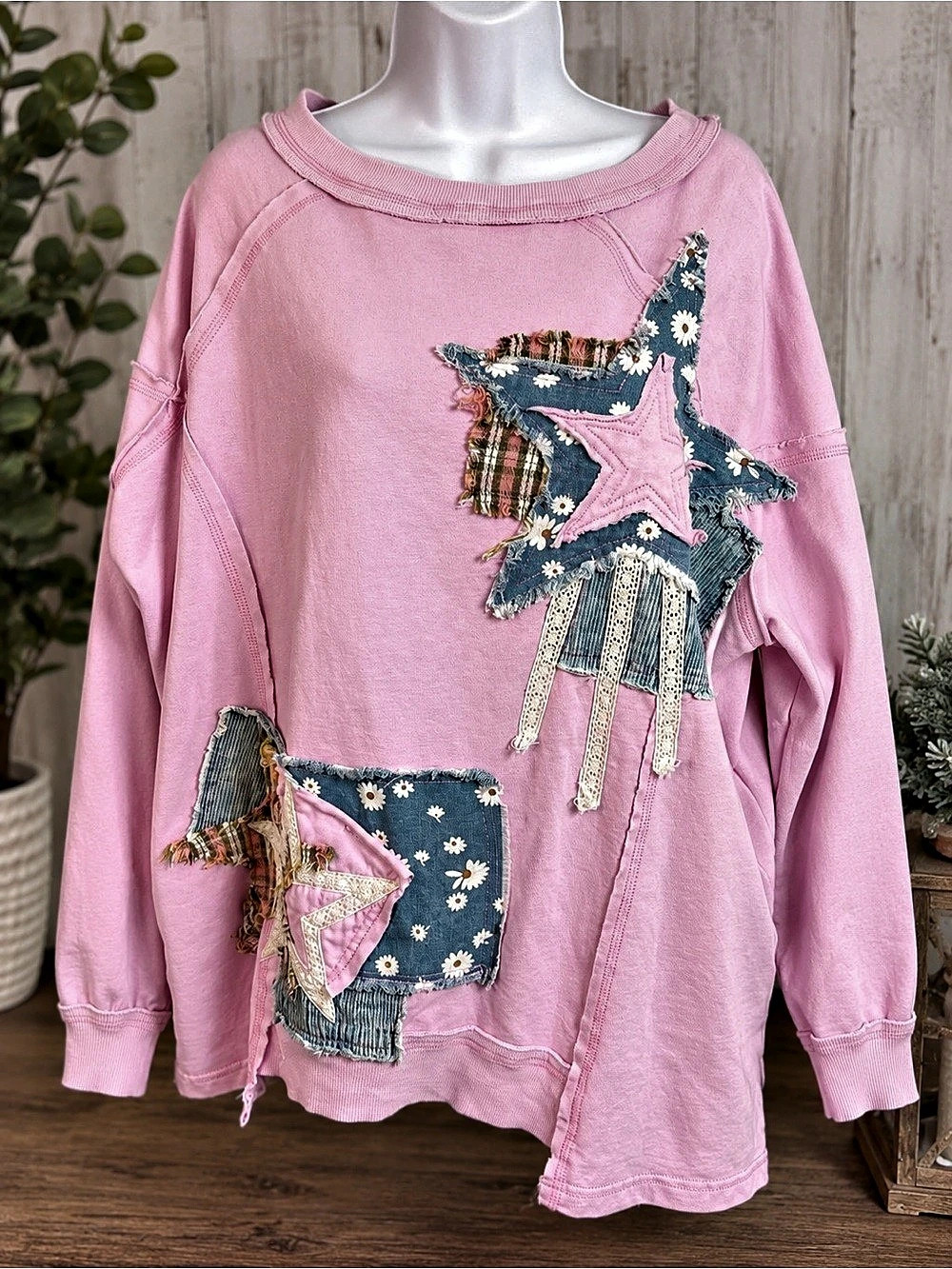 Blue Velvet Pink Patchwork Star Boho Sweatshirt Size Small Oversized